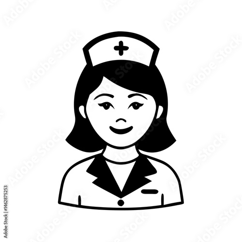 A black and white drawing of a smiling nurse wearing a hat