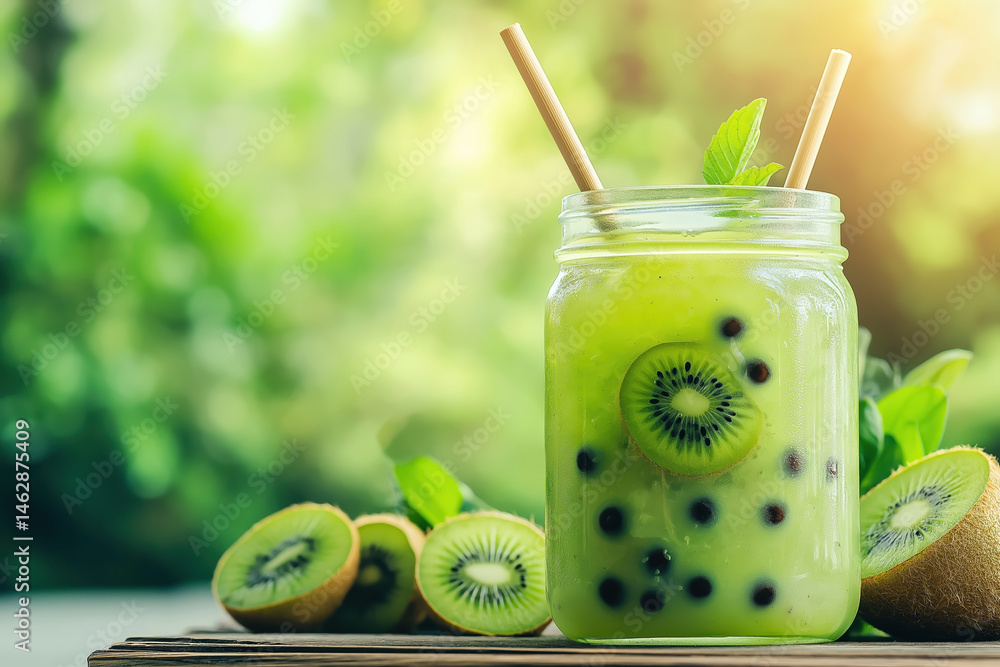 Refreshing kiwi bubble tea with black pearls in mason jar with straws, placed outdoors on wooden table, perfect for summer drinks and beverage marketing