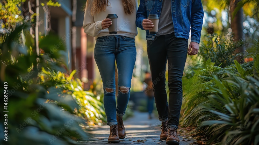 Trendy young couple calmly walking on leafy city street with takeaway coffee cups, ideal for urban lifestyle, slow living, and casual fashion marketing