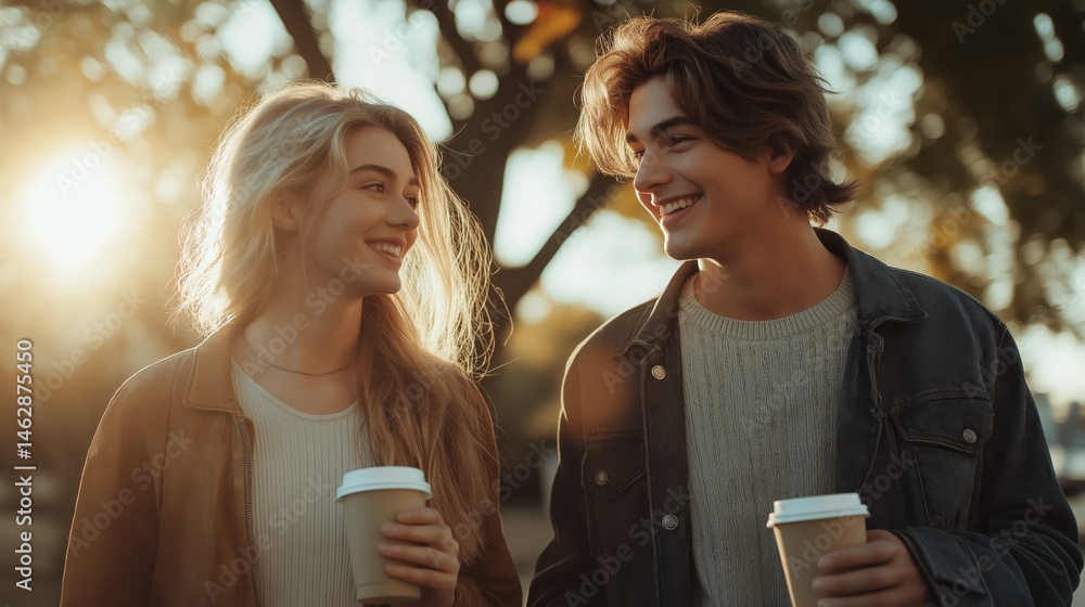 Young couple smiling at each other while walking outdoors with coffee cups under sunset light, perfect for lifestyle, romance, and urban relationship advertising