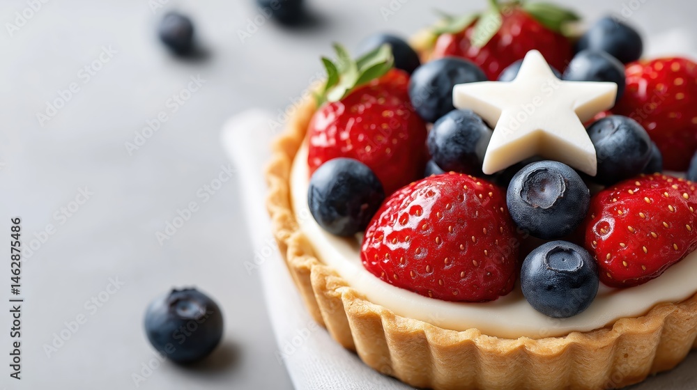 Festive berry tart with strawberries and blueberries decorated like American flag, ideal for patriotic celebrations, Fourth of July, holiday events and food promotions
