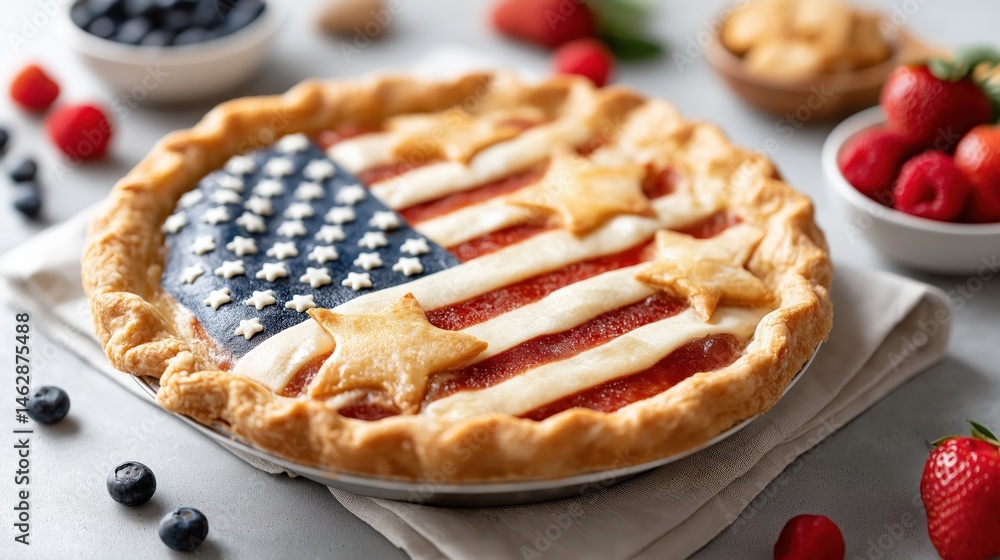 Homemade pie decorated with American flag pattern using berries and stars, perfect for Fourth of July, patriotic holidays, and festive food marketing