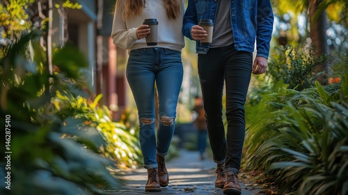 Obraz na płótnie Trendy young couple calmly walking on leafy city street with takeaway coffee cups, ideal for urban lifestyle, slow living, and casual fashion marketing w salonie