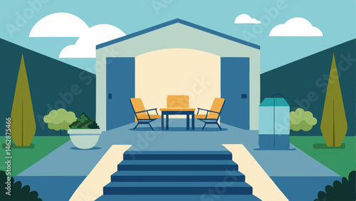 Outdoor Accessibility An open patio scene illustrating a level entryway with no steps featuring wide pathways and accessible outdoor furniture.