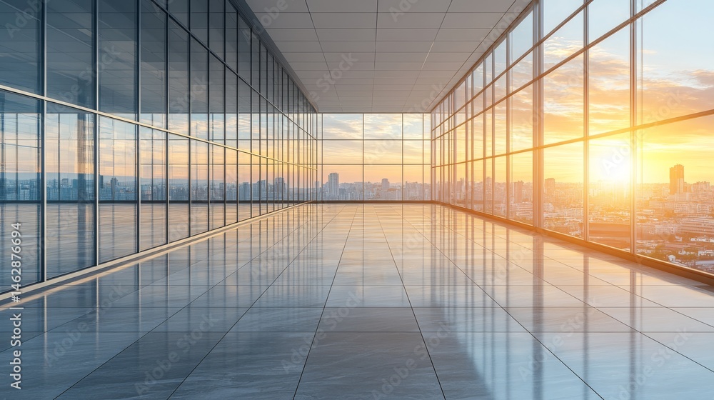 At sunset, the exterior of a modern building is reflected in the calm water, creating a picturesque scene At sunset, the exterior of a modern building is reflected in the calm water, creating a picturesque scene
