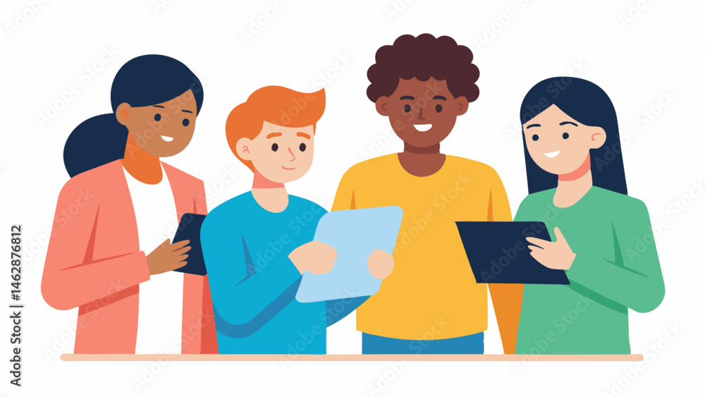 Fototapeta premium Group Collaboration A diverse group of students working together on a project with one using a tablet and another taking notes on a large paper demonstrating teamwork and shared