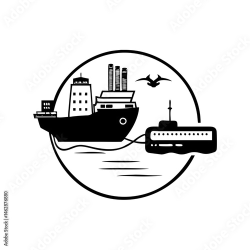 Ship towing a submarine in ocean graphic representation with flying bird