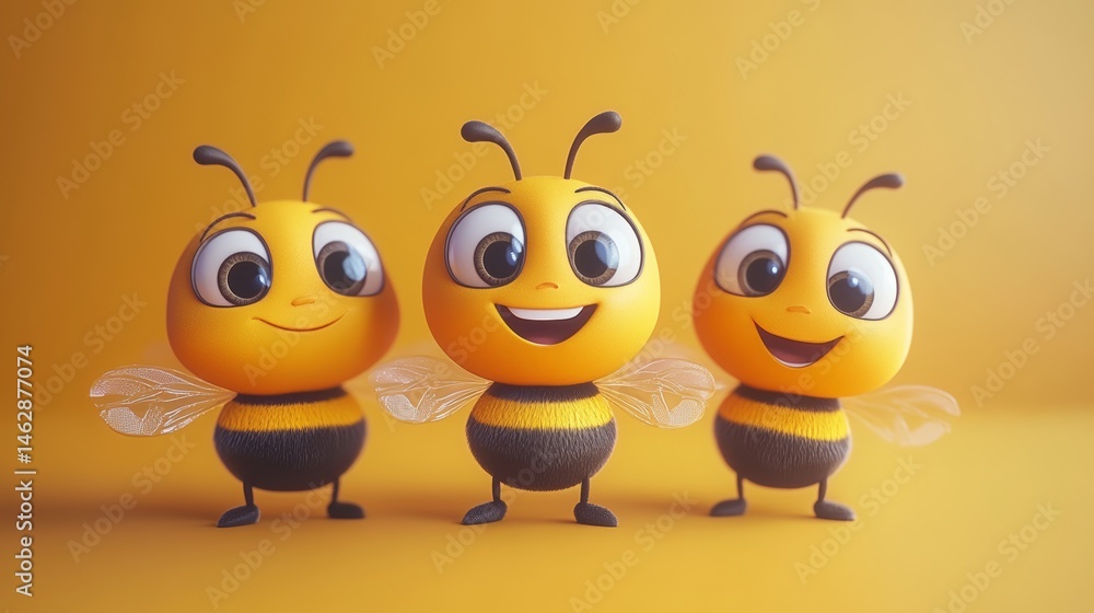Three friendly cartoon honeybees are illustrated in a variety of poses, interacting with each other in a manner that makes them perfect for inclusion in children's products Three friendly cartoon honeybees are illustrated in a variety of poses, interacting with each other in a manner that makes them perfect for inclusion in children's products