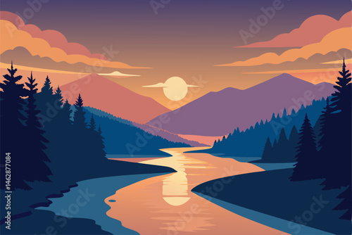 a serene river at dawn perfectly mirroring 