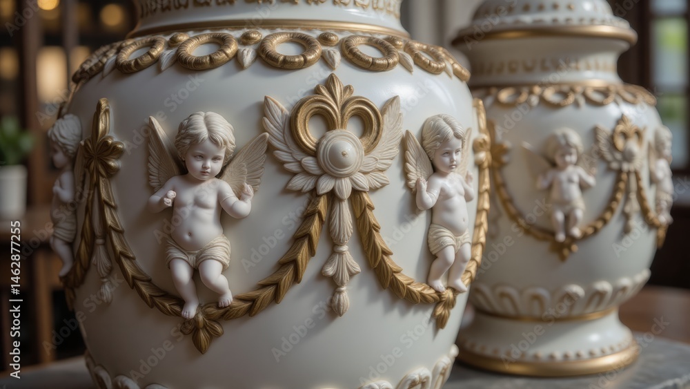 Fototapeta premium Elegant Ceramic Vases with Cherub Reliefs and Golden Accents, Decorative Home Decor, Antique Style