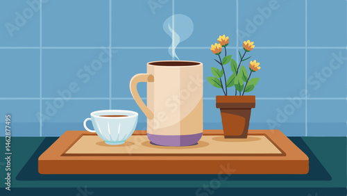 A white ceramic mug filled with hot tea resting on a wooden tray alongside a small vase of fresh flowers evoking a sense of hygge in any kitchen.