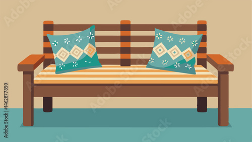 A rustic wooden bench covered in cozy patterned cushions perfect for lounging and admiring the serene view.