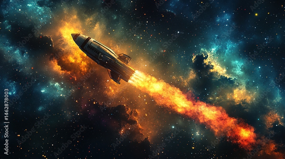 Rocket launch into the cosmic abyss outer space digital art vibrant nebula dramatic viewpoint adventure Rocket launch into the cosmic abyss outer space digital art vibrant nebula dramatic viewpoint adventure