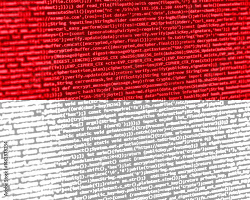 Flag of Monaco over digital code. Concept of cybersecurity, innovation, and digital infrastructure in Monaco. Modern tech development trends in Monaco. Programming, digital sovereignty and site devel photo