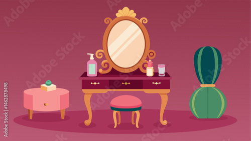A vanity table with a plush velvet stool featuring a vintage mirror and collection of luxurious perfumes.