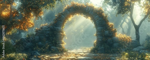 Enchanting nature scene sunlit stone archway surrounded by lush foliage tranquil forest dreamlike atmosphere