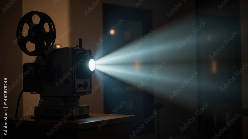 Fototapeta premium Vintage 8mm Film Projector Shining Bright Light, Antique Movie Technology