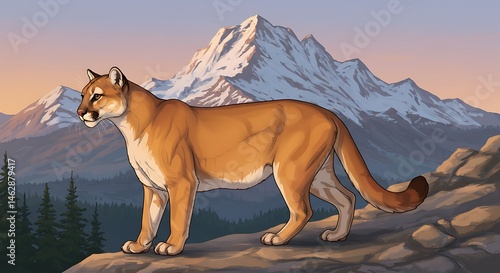 Mountain Lion in Front of Snowy Peaks Illustration
