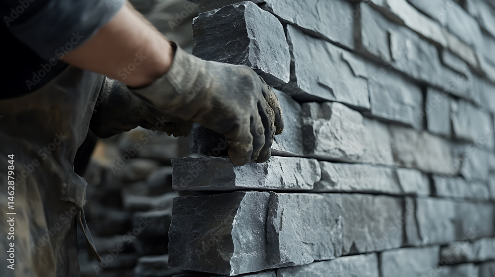 Fototapeta premium Mason Laying Stone Blocks for Wall Construction