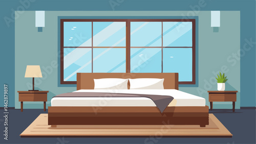 The bedroom is a serene oasis with a platform bed in a dark wood finish and crisp white bedding. A large window allows natural light to flood the room highlighting the simple but