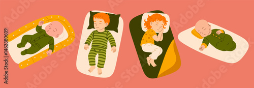 Set with babies and kids sleeping peacefully in beds, swaddles, and pajamas on soft pink background