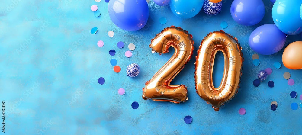 Golden Number 20 Balloons with Blue and Orange Balloons on a Blue Background with Scattered Confetti Golden Number 20 Balloons with Blue and Orange Balloons on a Blue Background with Scattered Confetti