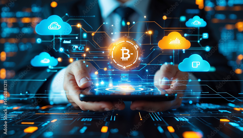 Fototapeta premium Bitcoin Cloud Technology: A businessman holds a smartphone displaying a bitcoin symbol surrounded by cloud computing icons, symbolizing digital currency and blockchain technology. 