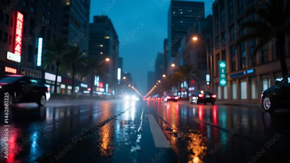 Nighttime city street scene after rain with car traffic showcasing urban life Nighttime city street scene after rain with car traffic showcasing urban life