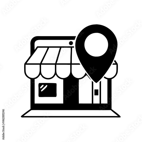 Online store location icon depicting shop and geolocation marker symbol