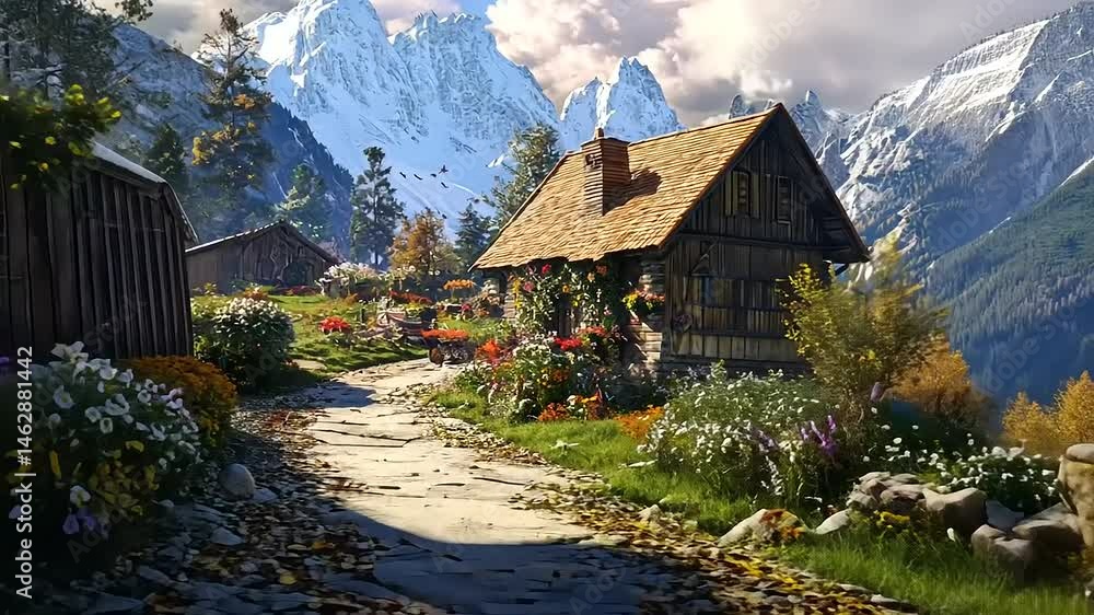 Serene Mountain Village: Autumnal Hues and Rustic Charm in a Picturesque Landscape Serene Mountain Village: Autumnal Hues and Rustic Charm in a Picturesque Landscape