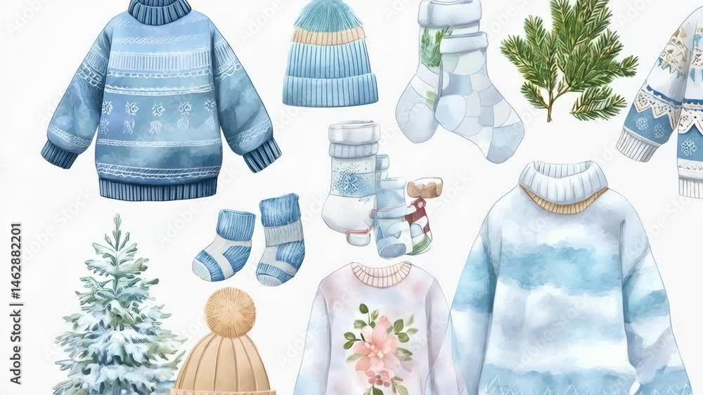 Watercolor Illustration with winter clothing, knitwear and pine tree branch set on a plain white background for artistic design elements