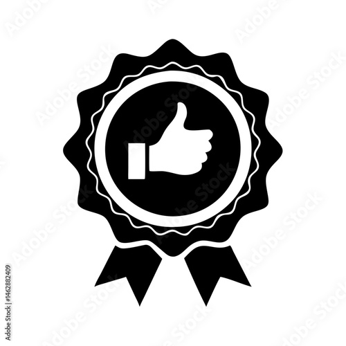 Black rosette with white thumbs up in center indicating approval
