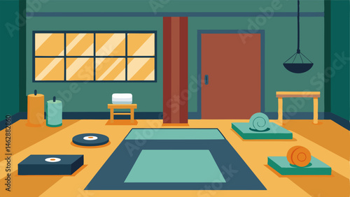 A room with mats and equipment for practicing martial arts or yoga.