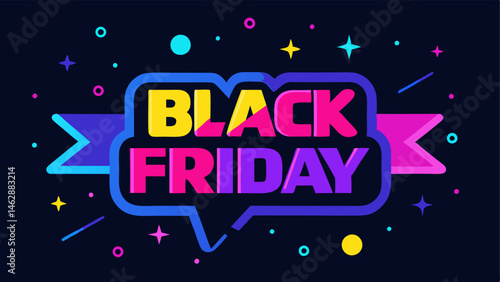 Flickering Lights Neon yellow BLACK FRIDAY letters that flicker like a sign with stars and animated discount labels in pink and blue on a black background.