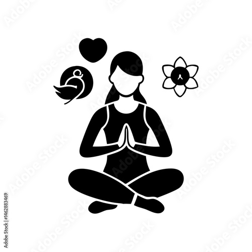 Woman in lotus position with heart, bird, and flower icons around her