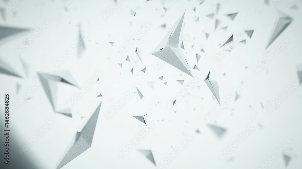 Abstract background of many small triangular shapes floating in space. Numerous, light gray, geometric forms create a dynamic, airy, and minimalist design Abstract background of many small triangular shapes floating in space. Numerous, light gray, geometric forms create a dynamic, airy, and minimalist design