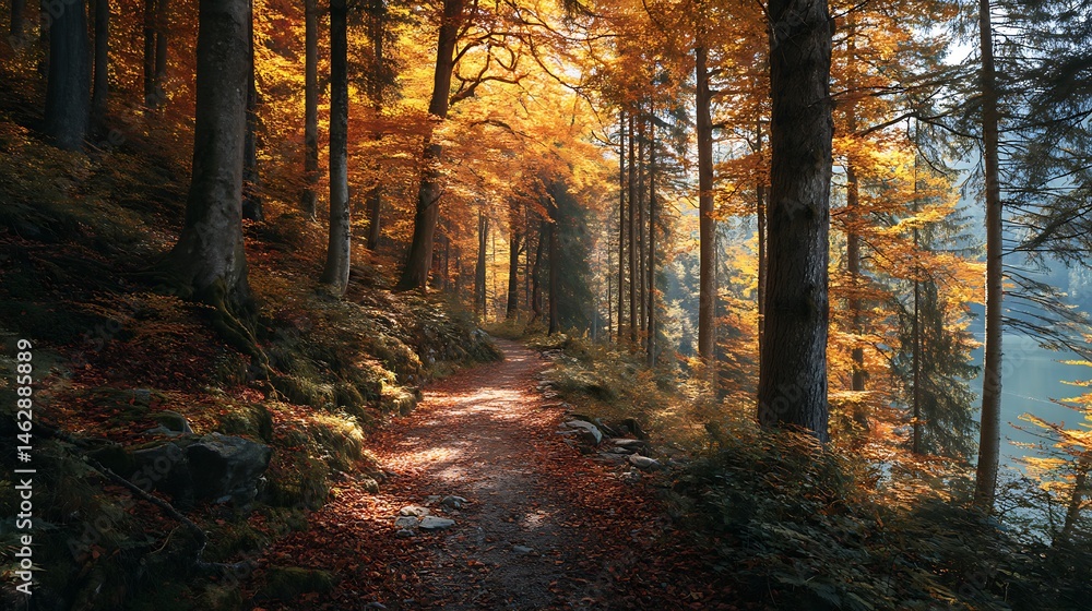 Obraz premium Path through autumn forest, golden leaves