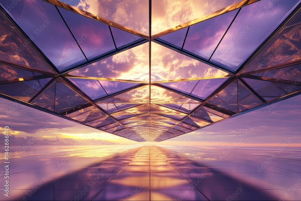 Fototapeta premium Geometric passageway reflecting a vibrant sky.