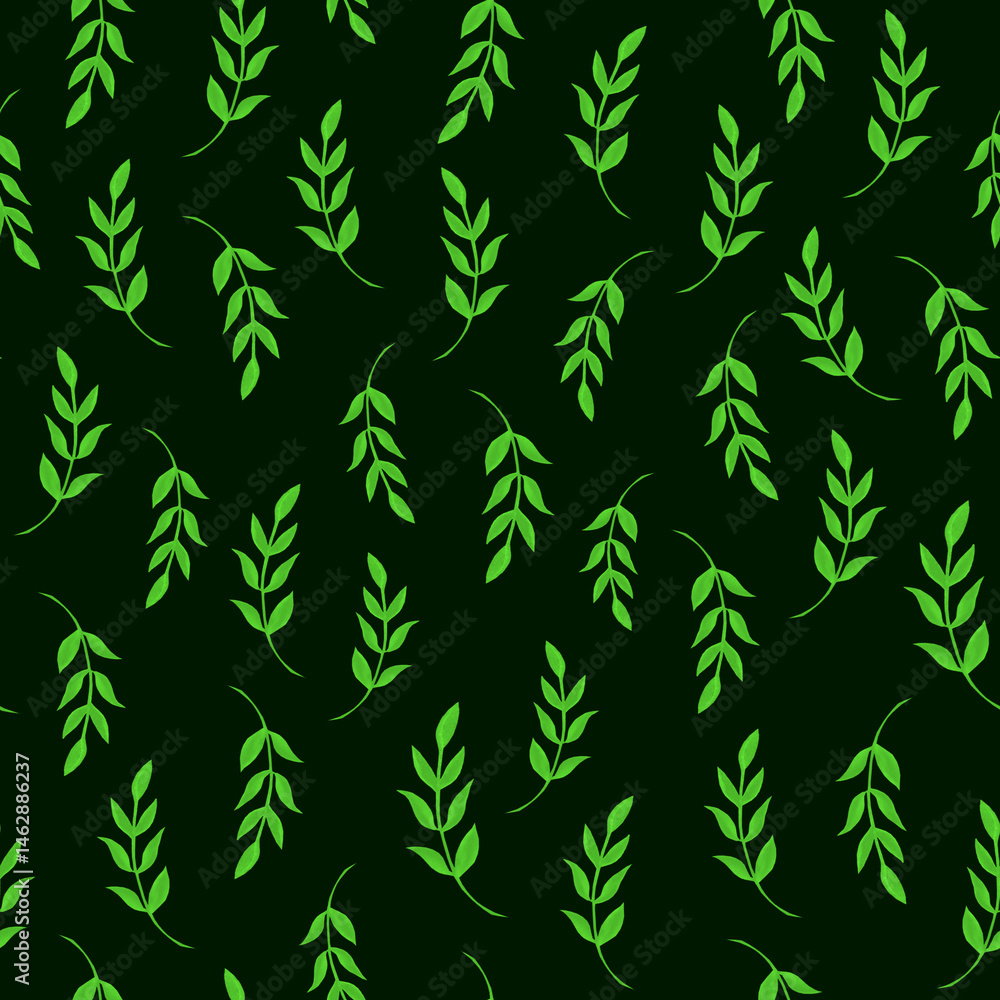 Floral pattern with green leaves on a black background. Hand draw ornament for print, decoration, textile, greeting cards, wallpapers and interior. Floral pattern with green leaves on a black background. Hand draw ornament for print, decoration, textile, greeting cards, wallpapers and interior.