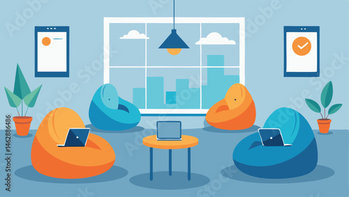 A relaxation area with bean bag chairs and a wallmounted tablet for employees to take a break and recharge.