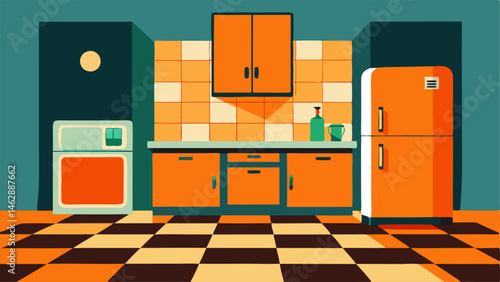 A retroinspired kitchen complete with bright orange cabinets a checkerboard floor and a vintage fridge.