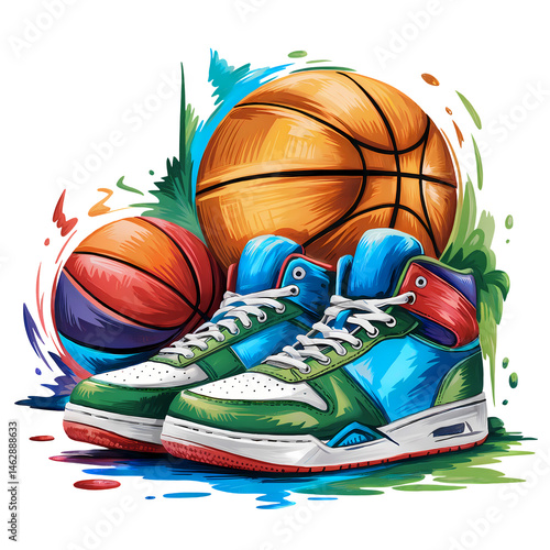 digital illustration of basketball-themed sneakers and basketballs against a white background, png