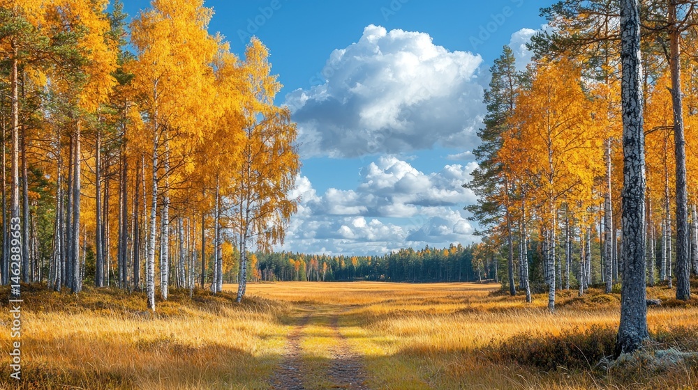 Fototapeta premium Autumn Forest Meadow with Golden Birch Trees and Cloudy Blue Sky