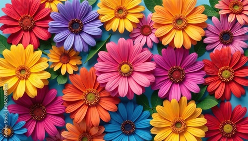 Bold blooms arranged in a square grid, creating a vibrant repeating pattern , textile, spring, flower