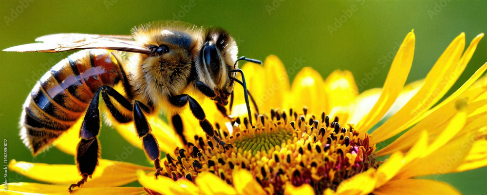 A bee sits on a bright yellow flower with a green background