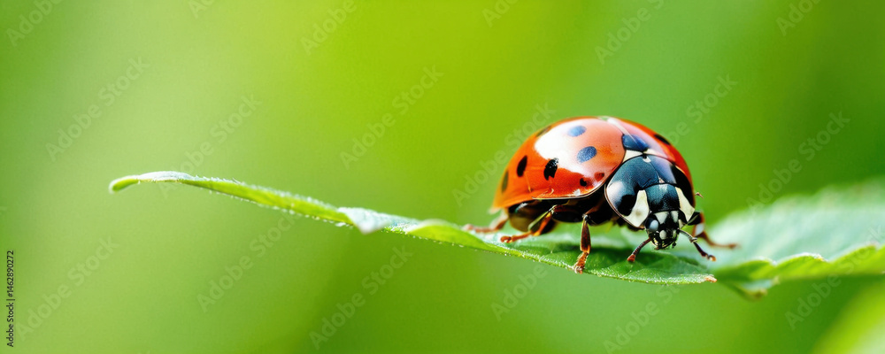 Fototapeta premium A ladybug sitting on top of a green leaf, perfect for nature or garden-themed illustrations