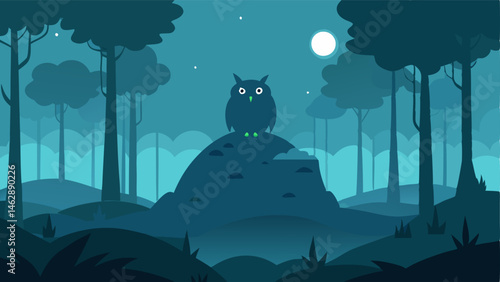 Mystical Forest Island A mysterious island draped in mist featuring tall slender trees with luminescent leaves. A wise old owl perches majestically on a branch observing a pair of