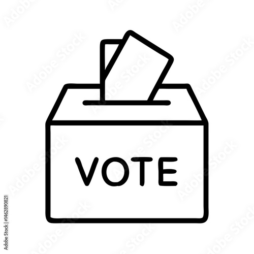 outline icon of ballot box with two vote slips inserted, symbol of civic participation and democratic election process, political voting concept, black on white