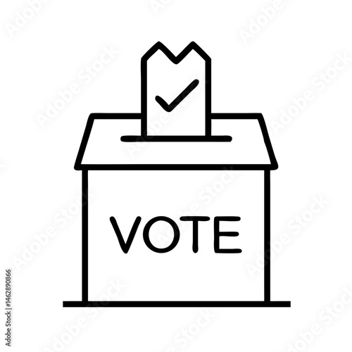outline icon of ballot box with vote slip and check mark, symbol of democratic choice and civic responsibility in elections, black on white