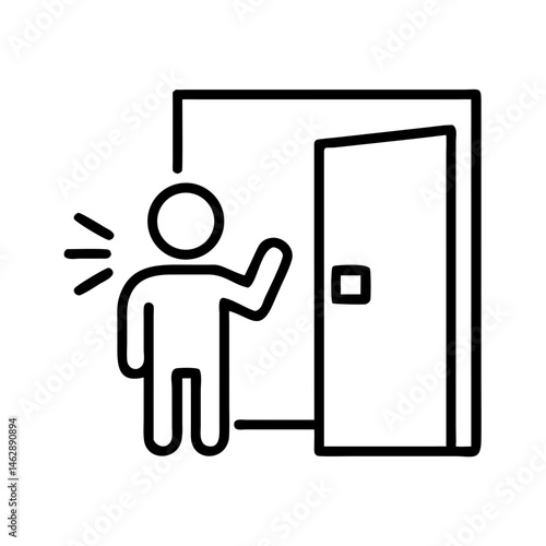 outline icon of person knocking on door, symbol of door-to-door campaigning, civic engagement or voter outreach in local elections, black on white